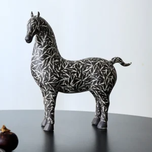 Ink Shadow Bamboo-Pattern Horse Sculpture, Gift Boxed in black — front view