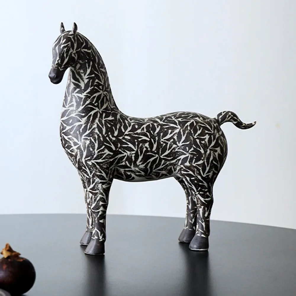 Ink Shadow Bamboo-Pattern Horse Sculpture, Gift Boxed in black — front view