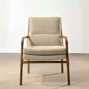 White Oak Frame Armchair in Oatmeal Bouclé, 68 cm — front view
