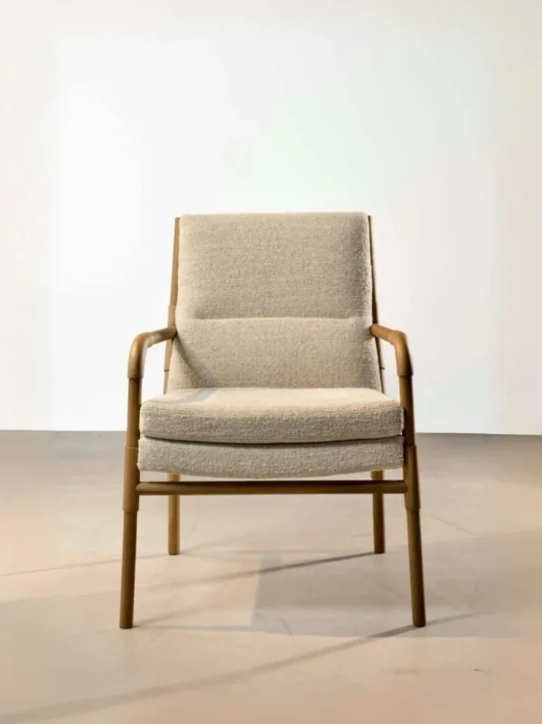 White Oak Frame Armchair in Oatmeal Bouclé, 68 cm — in a room setting