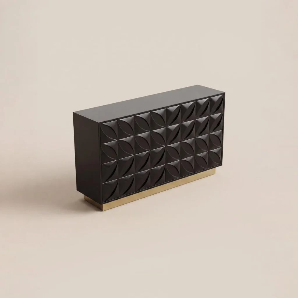 Black High-Gloss Chest with Leaf Relief Drawers in black — front view