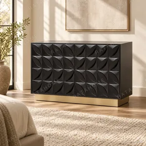 Black High-Gloss Chest with Leaf Relief Drawers in black — in a room setting