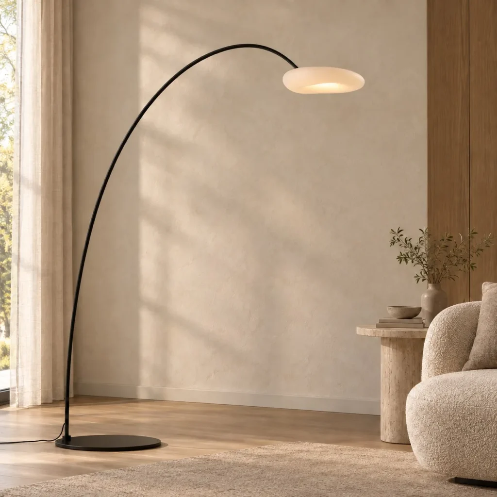 Black Arc Floor Lamp with Saucer Shade in black — front view