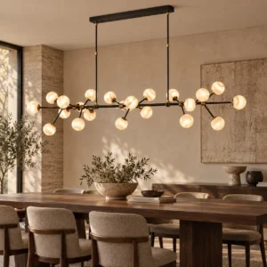 Black Branch Stone Globe Linear Chandelier, 32 Lights in black — front view