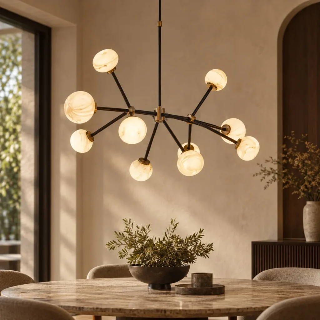 Black Branch Stone Globe Round Chandelier, 9 or 12 Lights in black — front view
