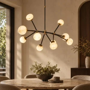 Black Branch Stone Globe Round Chandelier, 9 or 12 Lights in black — front view