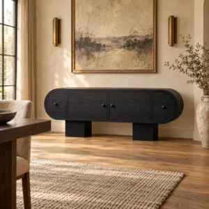 Black Rounded Sideboard on Square Block Legs in black — in a room setting