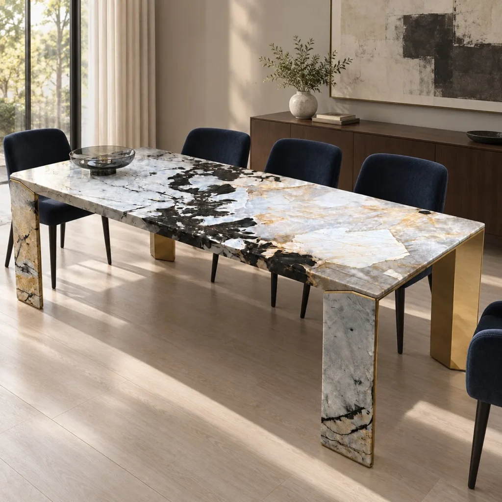Black Diamond Pandora Stone Dining Table on Angled Slab Legs in black — front view