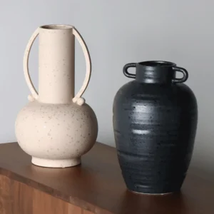 Wabi-Sabi Twin-Handle Ceramic Vases in black — front view