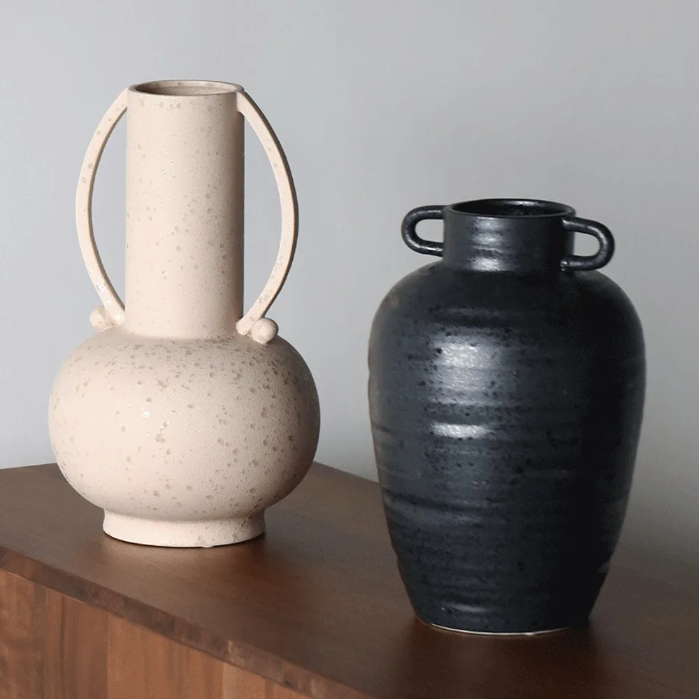 Wabi-Sabi Twin-Handle Ceramic Vases in black — front view