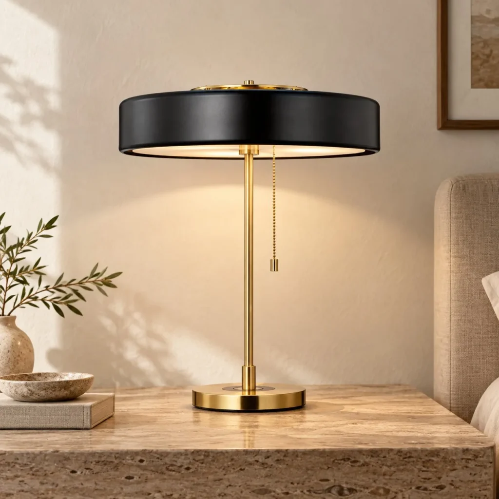 Black Drum Shade Table Lamp with Brass Stem and Pull Chain in black — front view