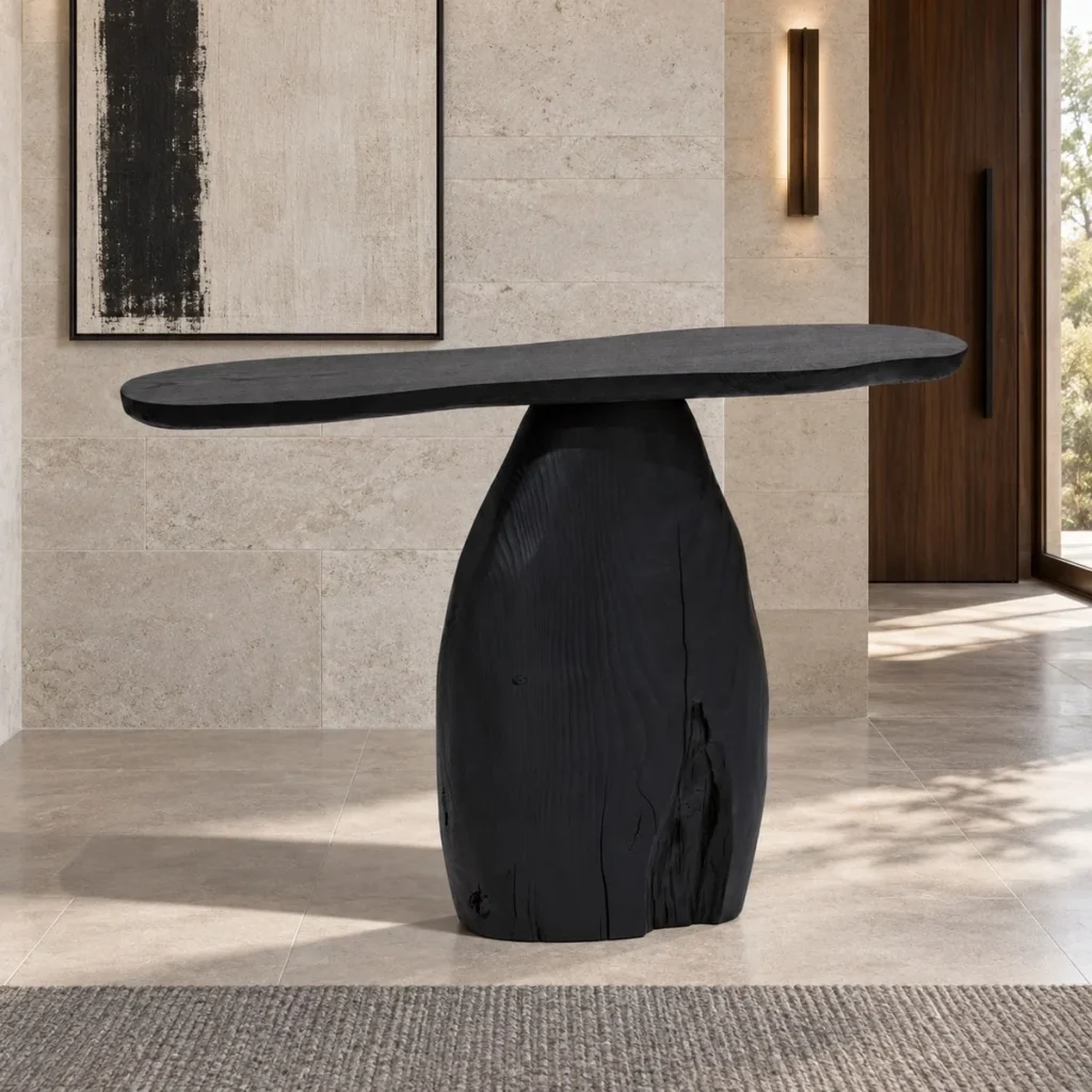 Black Charred Wood Console on Boulder Base in black — front view