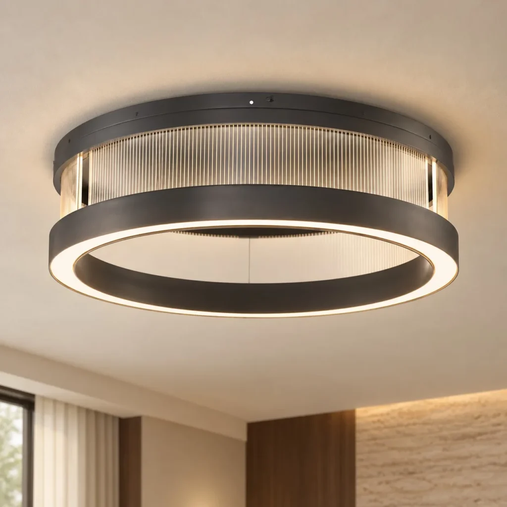 Black Frame Ribbed Glass Ring Flush Ceiling Light in ivory — front view