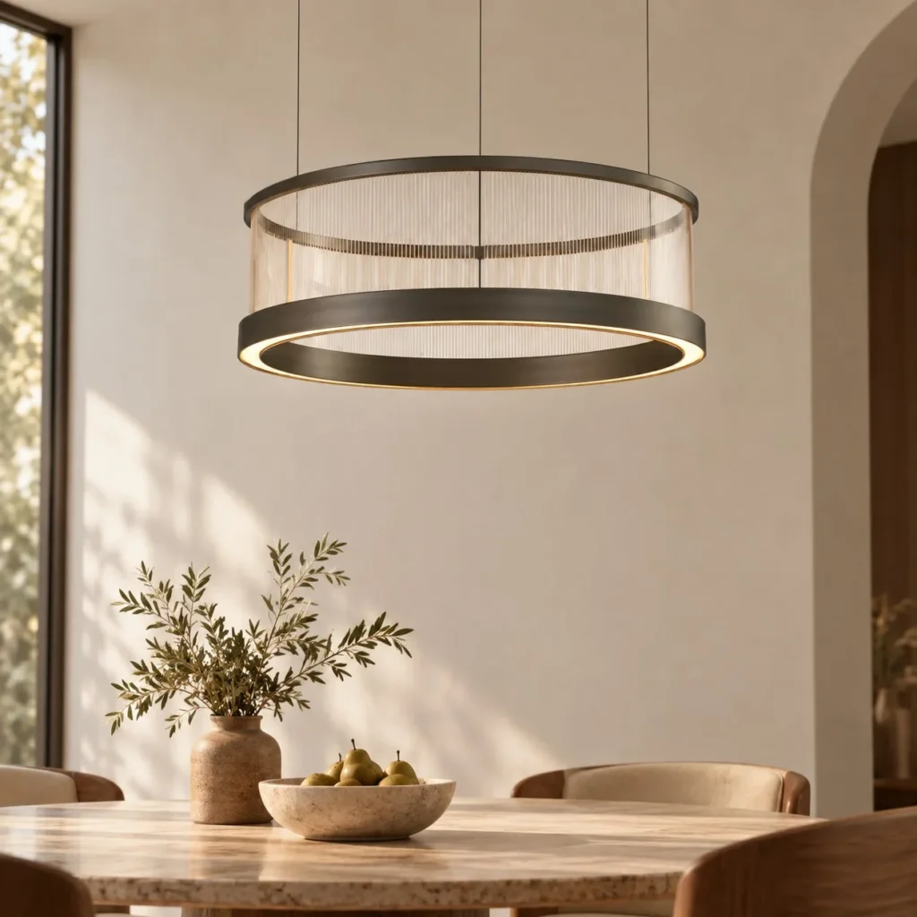 Black Frame Ribbed Glass Ring Pendant Light, 60 or 76.5 cm in ivory — front view
