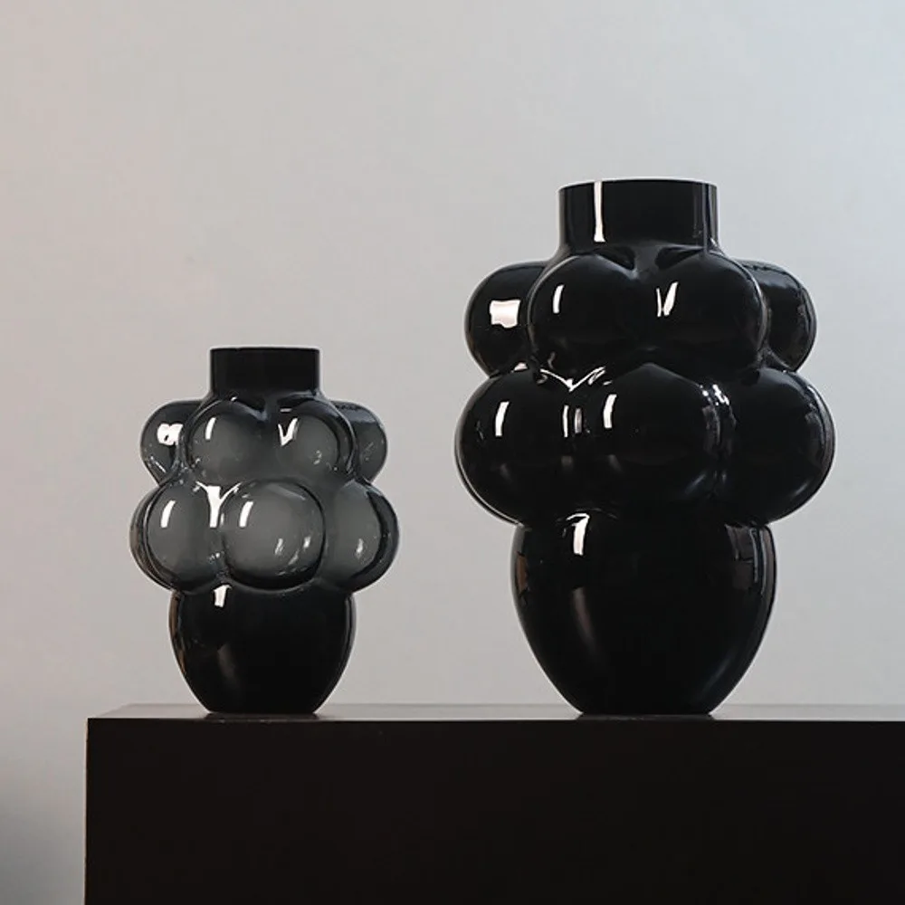French Black Bubble Glass Vase, Large or Small in black — front view