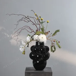 French Black Bubble Glass Vase, Large or Small in black — in a room setting