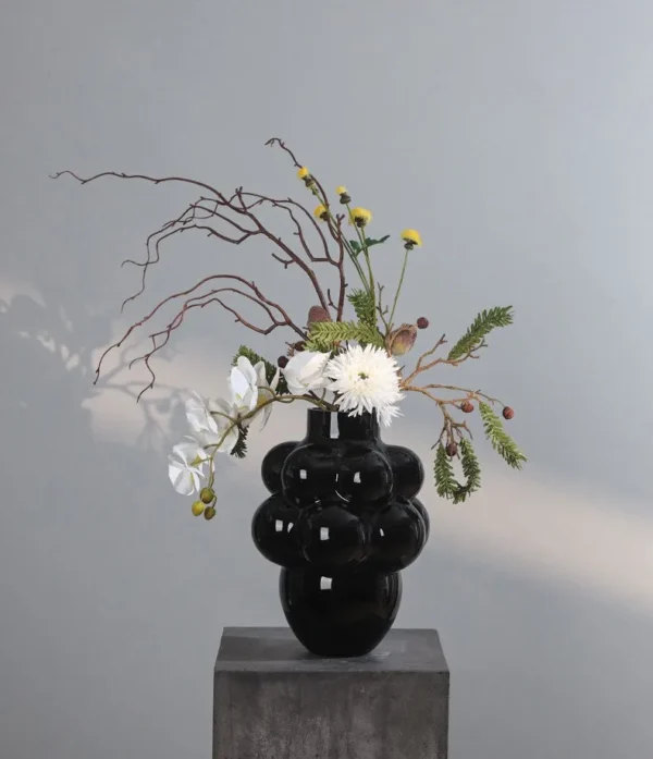 French Black Bubble Glass Vase, Large or Small in black — in a room setting
