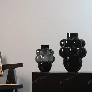 French Black Bubble Glass Vase, Large or Small in black — in a room setting