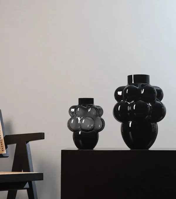 French Black Bubble Glass Vase, Large or Small in black — in a room setting
