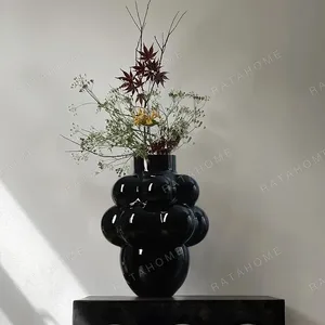 French Black Bubble Glass Vase, Large or Small in black — in a room setting