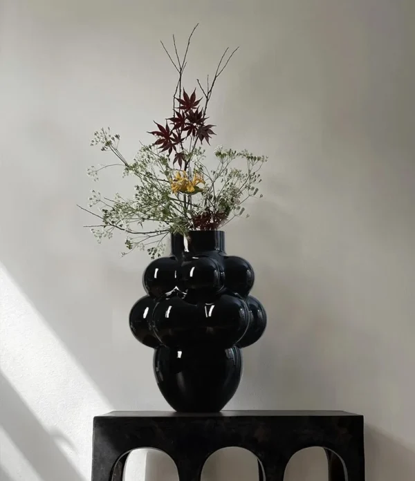 French Black Bubble Glass Vase, Large or Small in black — in a room setting