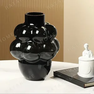 French Black Bubble Glass Vase, Large or Small in black — in a room setting