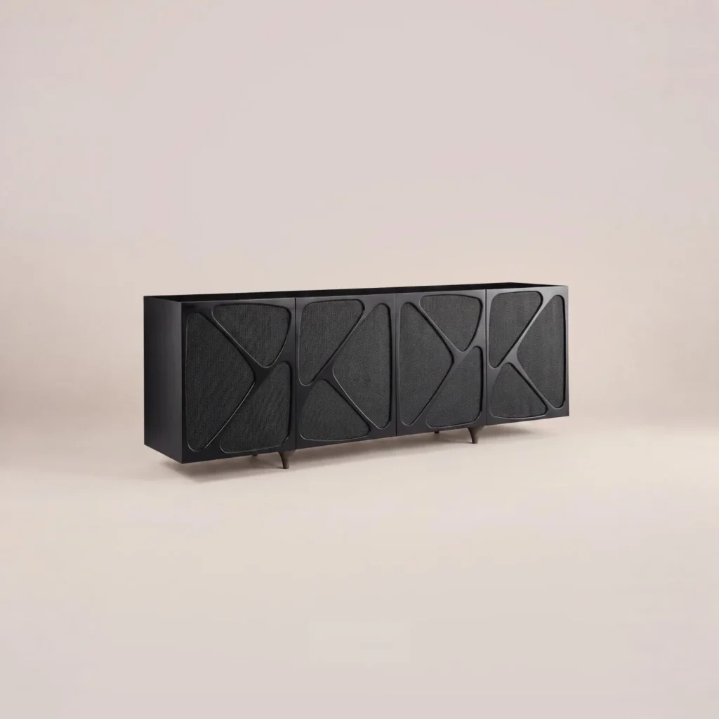 Black Geometric Fabric Four Door Low Sideboard in performance fabric — front view