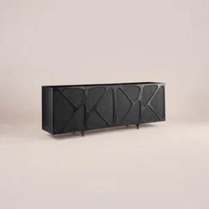 Black Geometric Fabric Four Door Low Sideboard in performance fabric — front view