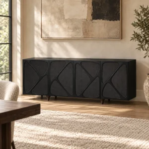 Black Geometric-Frame Fabric Door Low Sideboard in black — in a room setting