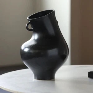 Black Glaze Twin-Ear Ewer Vase with Angled Neck in black — front view