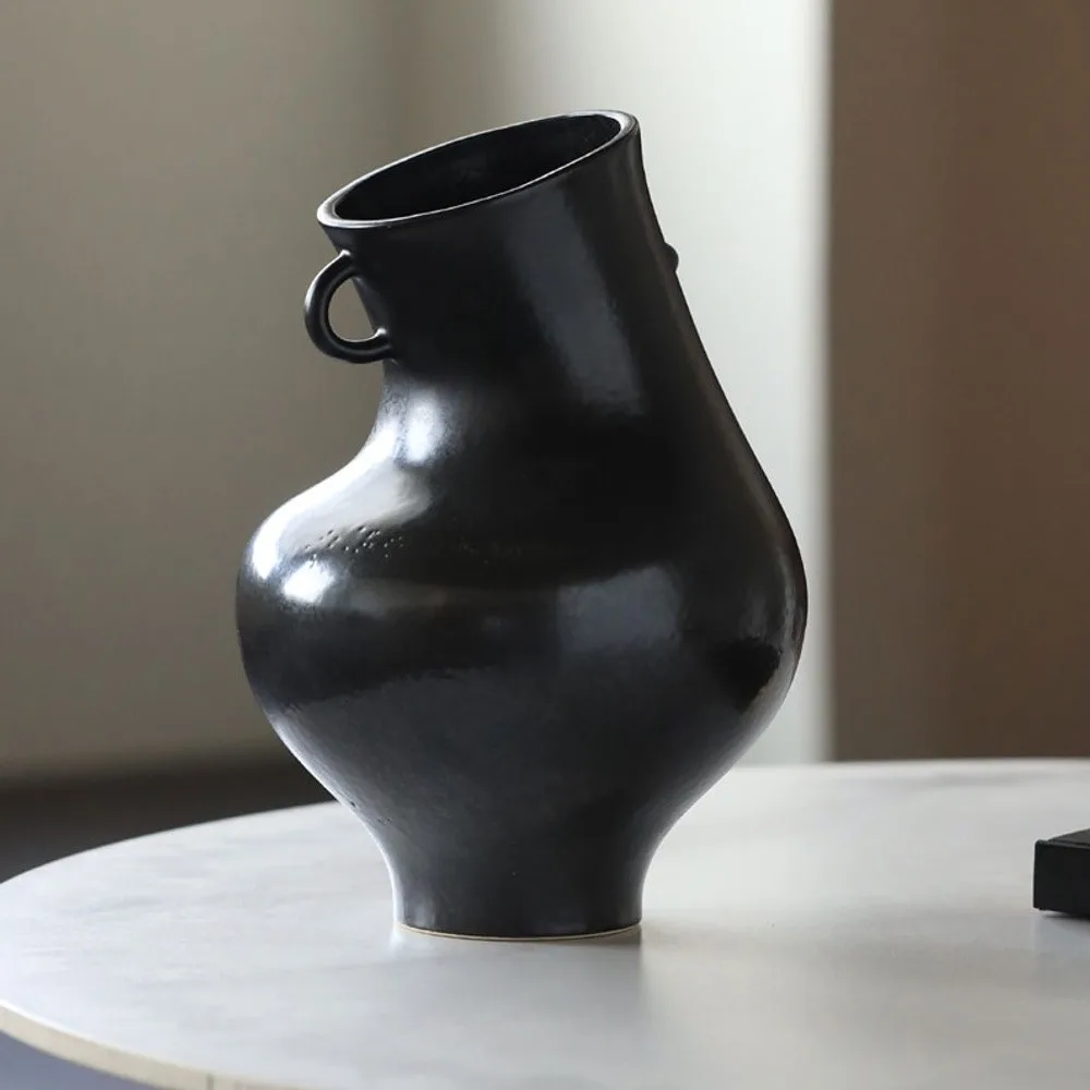Black Glaze Twin-Ear Ewer Vase with Angled Neck in black — front view