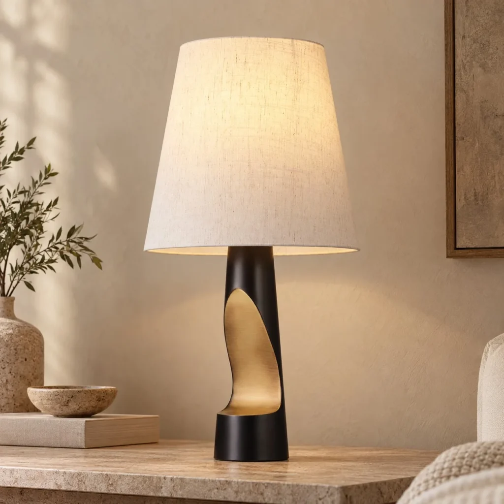 Black and Gold Sculpted Column Table Lamp with Linen Shade in black — front view