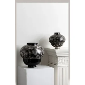 Black and Silver Scale-Pattern Sphere Vase, Large in black — in a room setting