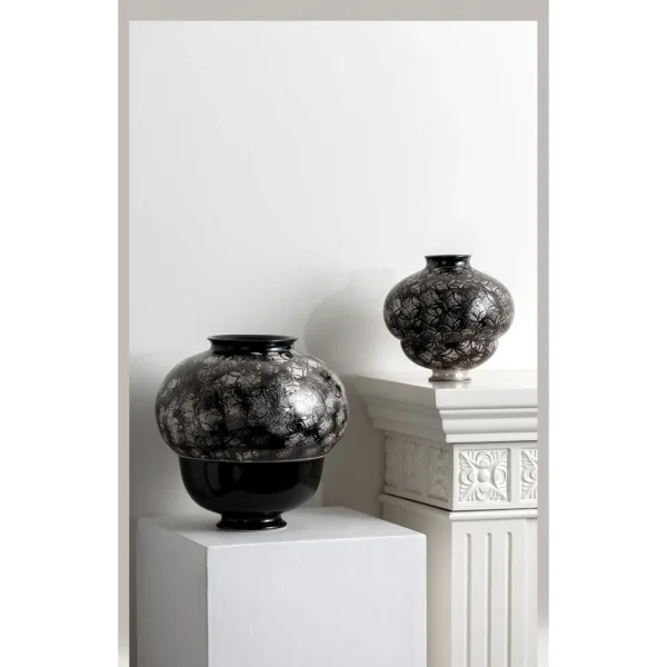 Black and Silver Scale-Pattern Sphere Vase, Large in black — in a room setting