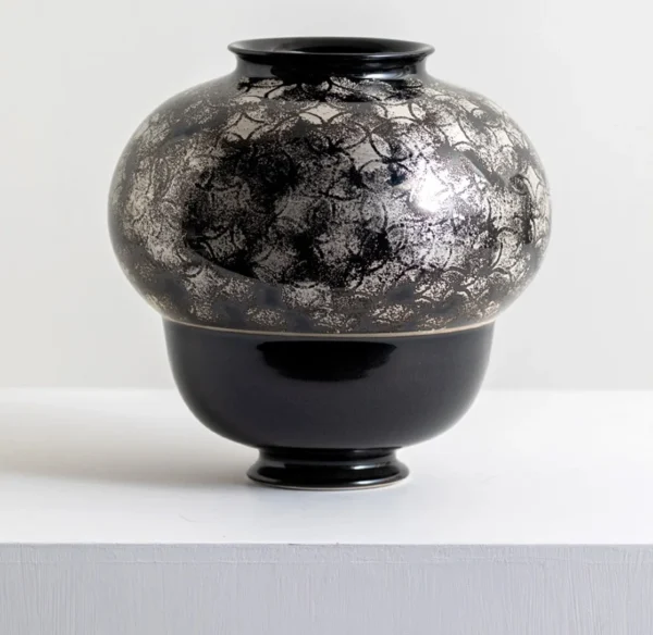 Black and Silver Scale-Pattern Sphere Vase, Large in black — in a room setting