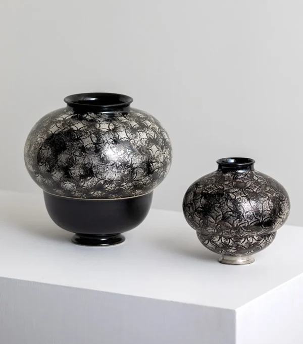 Black and Silver Scale-Pattern Sphere Vase, Large in black — in a room setting