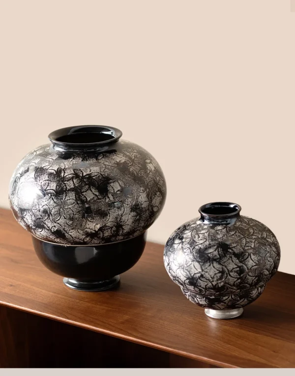 Black and Silver Scale-Pattern Sphere Vase, Large in black — in a room setting
