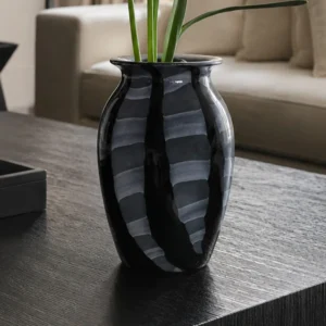 Black and Grey Brushed Stripe Glass Vase in black — front view
