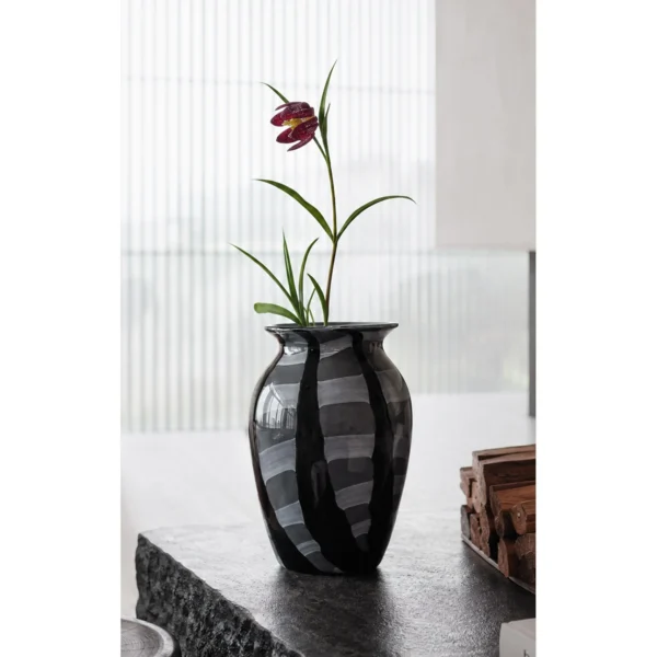 Black and Grey Brushed Stripe Glass Vase in black — in a room setting