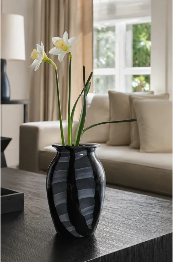 Black and Grey Brushed Stripe Glass Vase in black — in a room setting