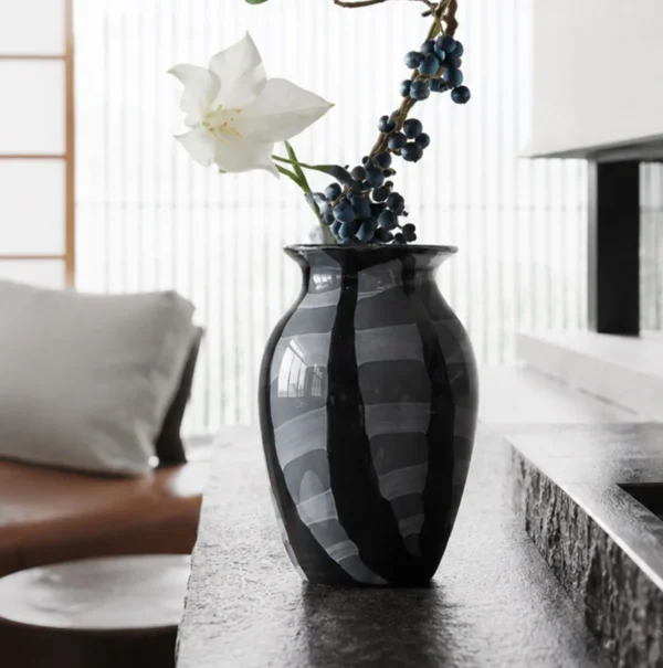 Black and Grey Brushed Stripe Glass Vase in black — in a room setting