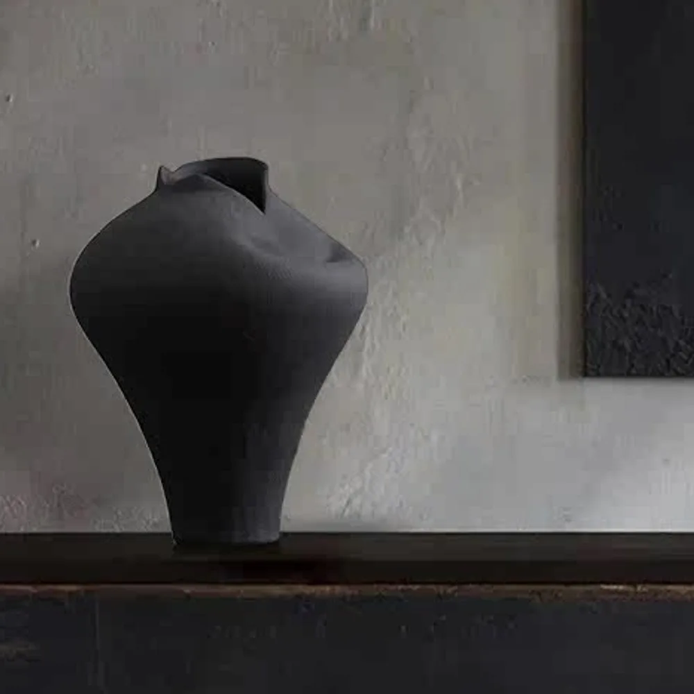 Jingdezhen Black Pinched-Rim Ceramic Jar Vase, Medium in black — front view