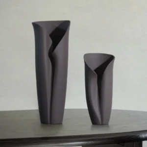 Jingdezhen Black Folded Column Ceramic Vases, Short or Tall in black — front view