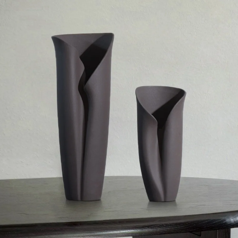 Jingdezhen Black Folded Column Ceramic Vases, Short or Tall in black — front view