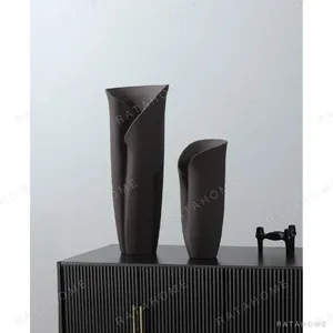 Jingdezhen Black Folded Column Ceramic Vases, Short or Tall in black — in a room setting