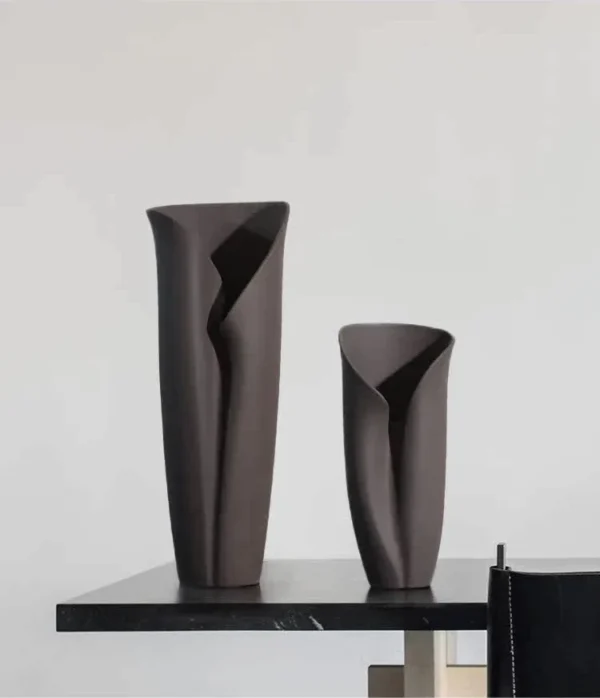 Jingdezhen Black Folded Column Ceramic Vases, Short or Tall in black — in a room setting