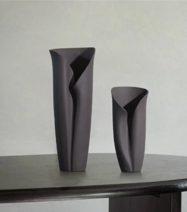 Jingdezhen Black Folded Column Ceramic Vases, Short or Tall in black — in a room setting