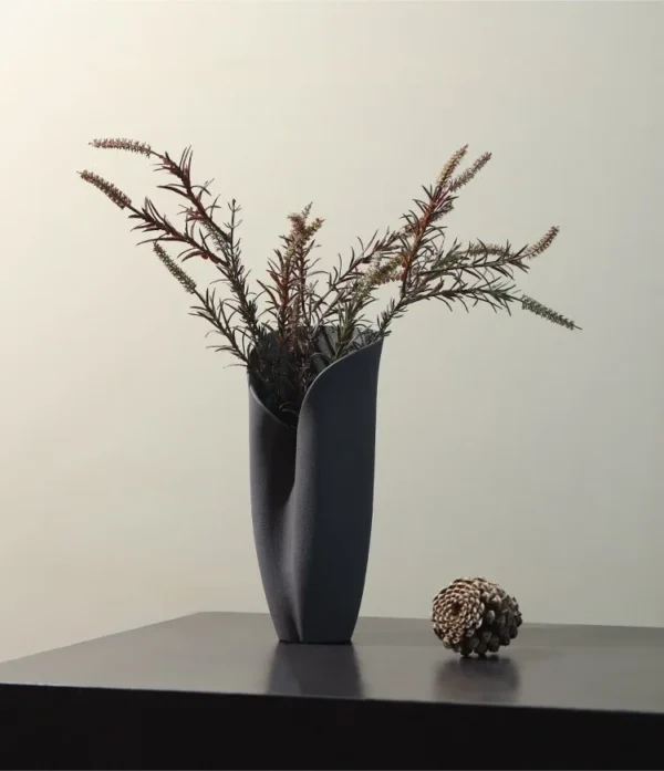 Jingdezhen Black Folded Column Ceramic Vases, Short or Tall in black — in a room setting
