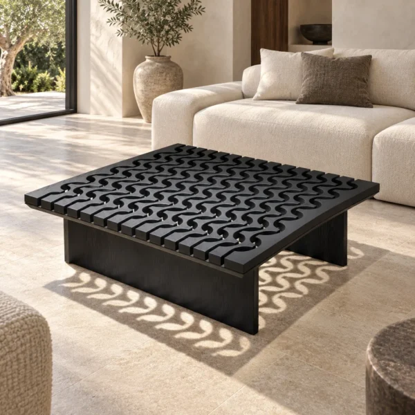 Black Solid Wood Coffee Table with Pierced Wave Top in black — in a room setting