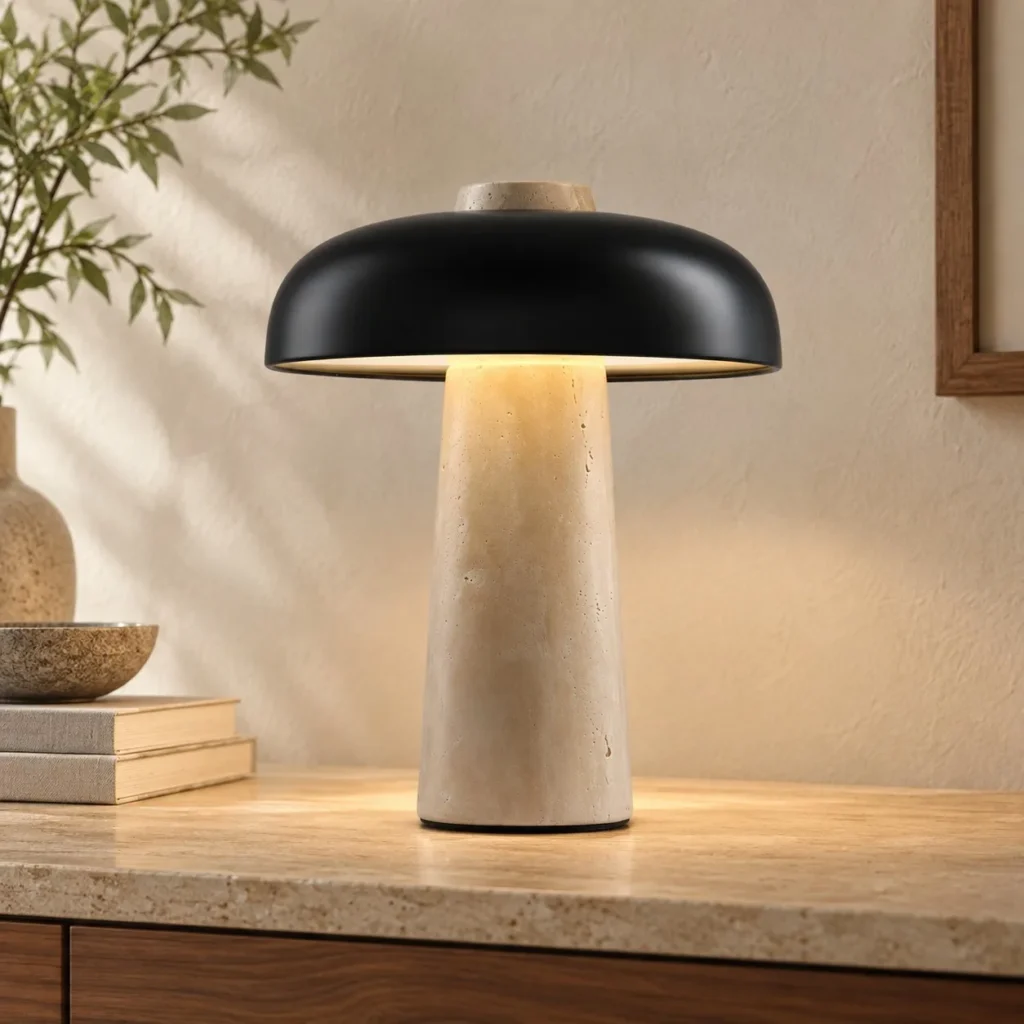 Black Mushroom Table Lamp on Travertine Column in black — front view